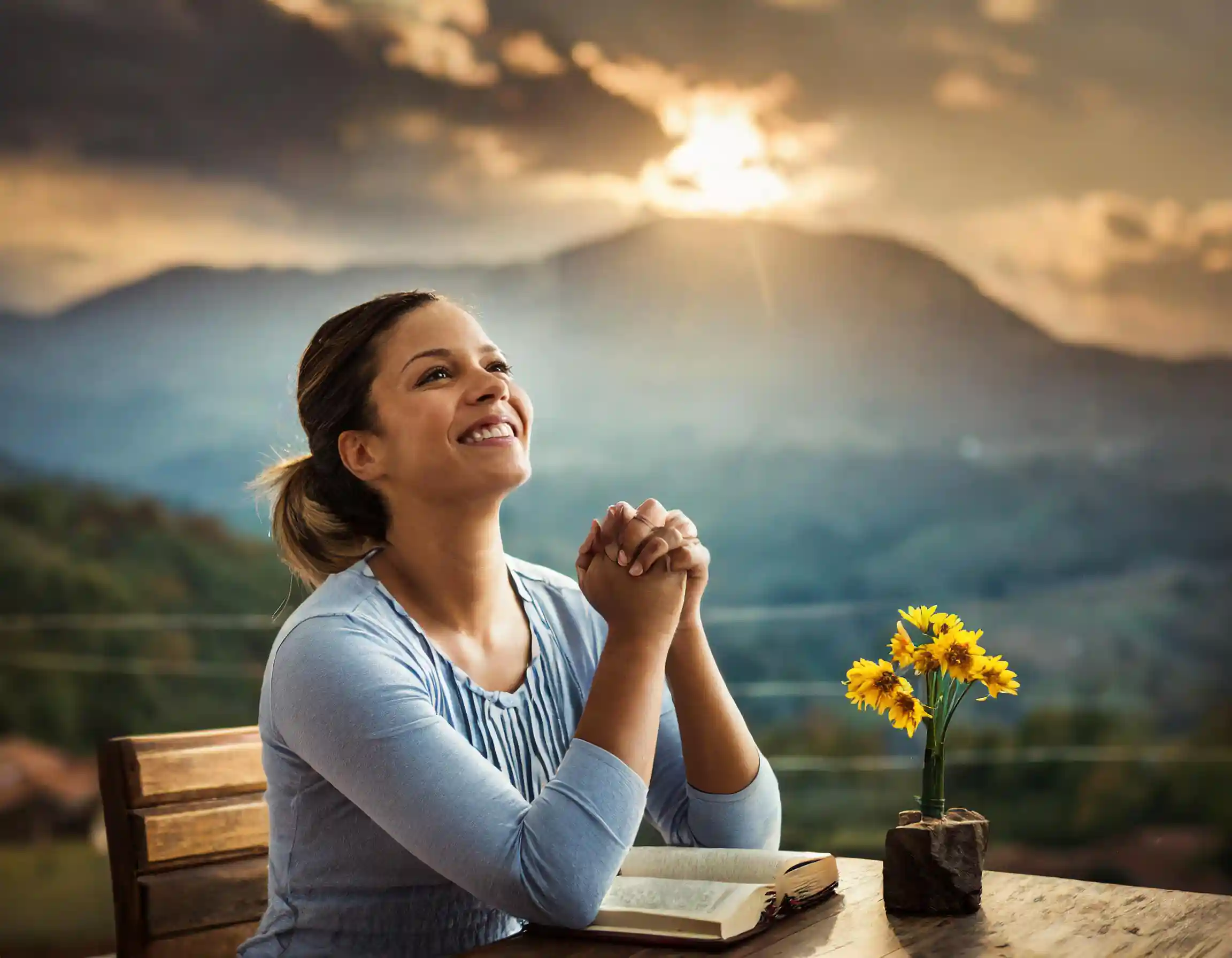 Woman praying with the bible on the table and a mountain on the background